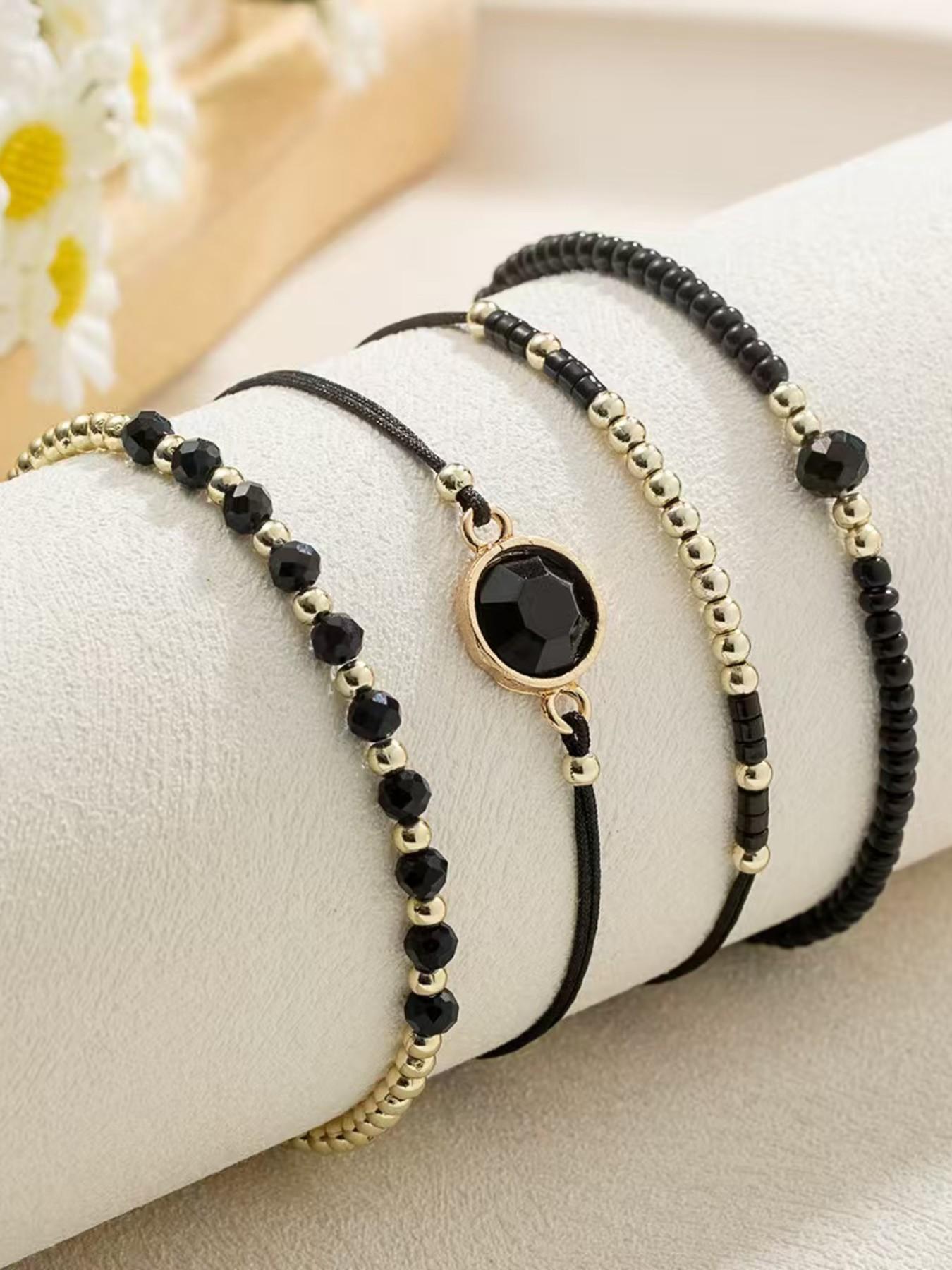Elegant Geometric Beaded Ankle Bracelet Set, 4-Piece Stretchy Layered Foot Jewelry, Plain Copper Chain, All Seasons Accessory