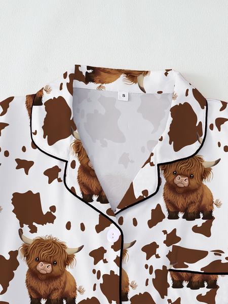 【Highland cattle】Women's Cartoon Print Pajama Set, Long Sleeve & Pants, Elastic Waistband, Comfortable Home Wear, Fall Winter
