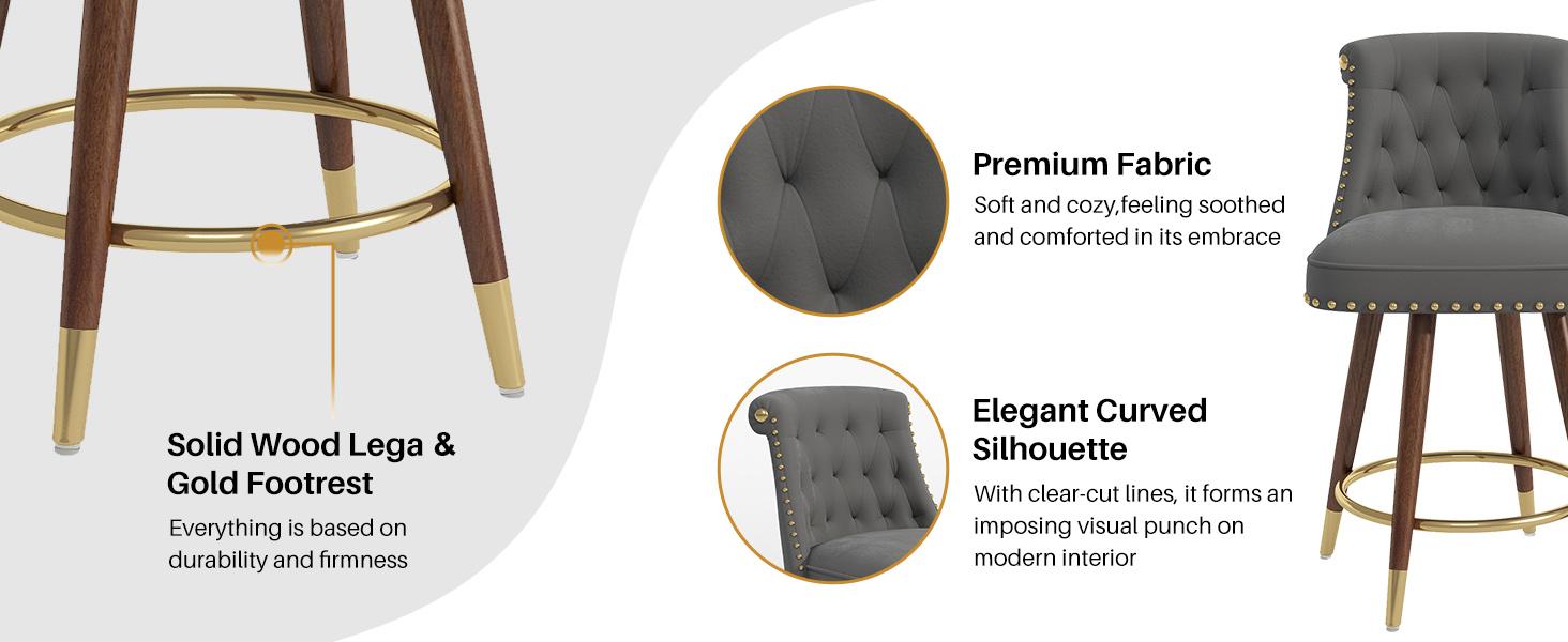 Counter Height Bar Stools, 360° Swivel Bar Stools, Upholstered Barstools with Back and Footrest for Kitchen Island, 24" H Seat Height, Solid Wood Legs