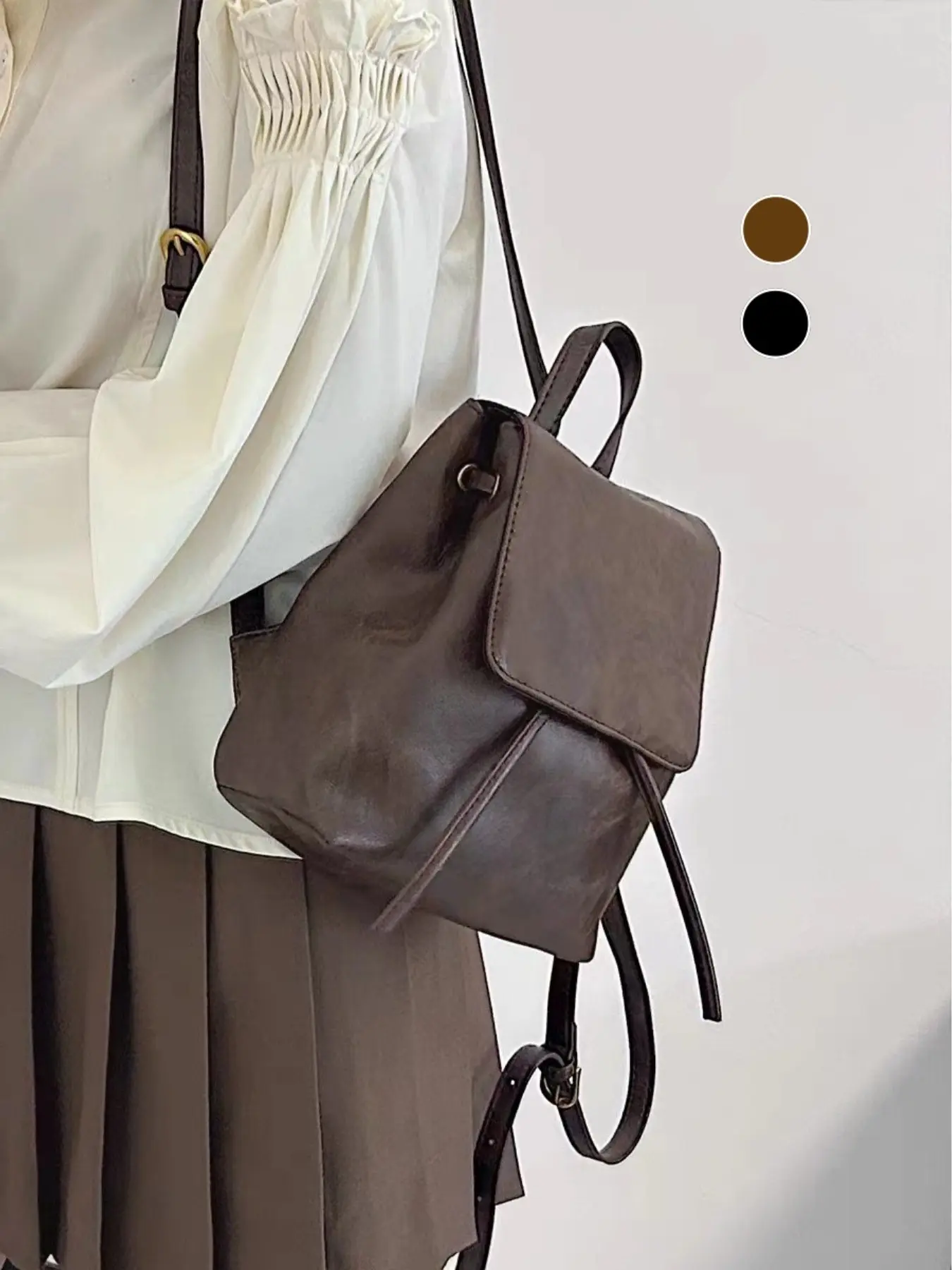 Vintage Faux Leather Mini Backpack,Flap Drawstring Design,Adjustable Shoulder Straps,Great Holiday Gift,All Match Casual Versatile,Lightweight Daily Travel & Shopping Small Backpack Purse