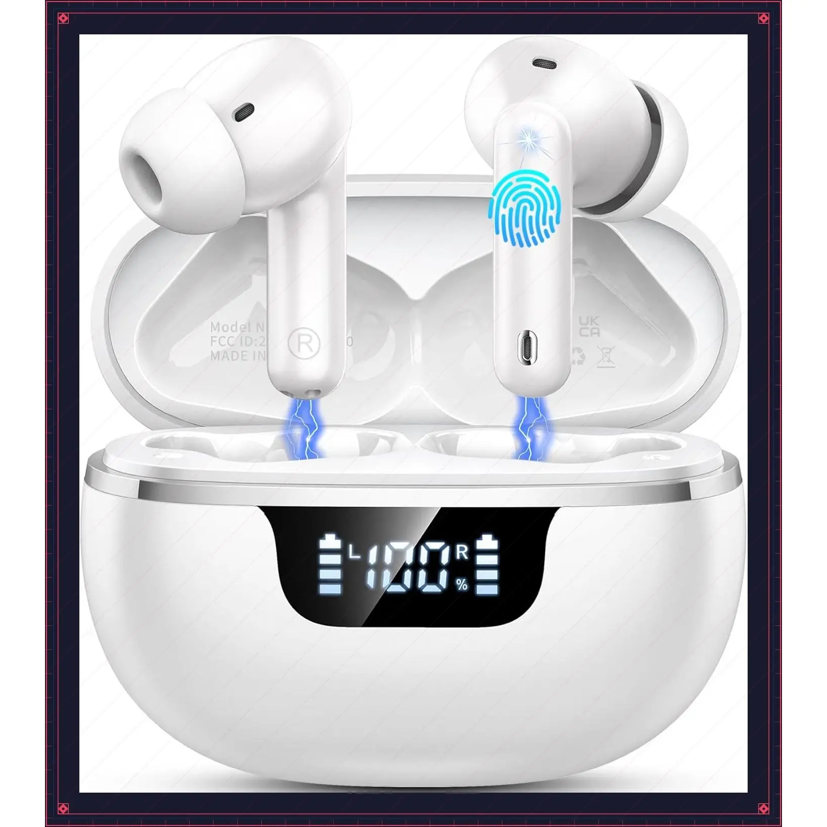 Wireless Earbuds Bluetooth 5.4 Headphones, 50H Playtime LED Display, Stereo Bass, 4 Noise Cancelling Mics, IP7 Waterproof Sports, USB-C Charging - for Android iOSGift