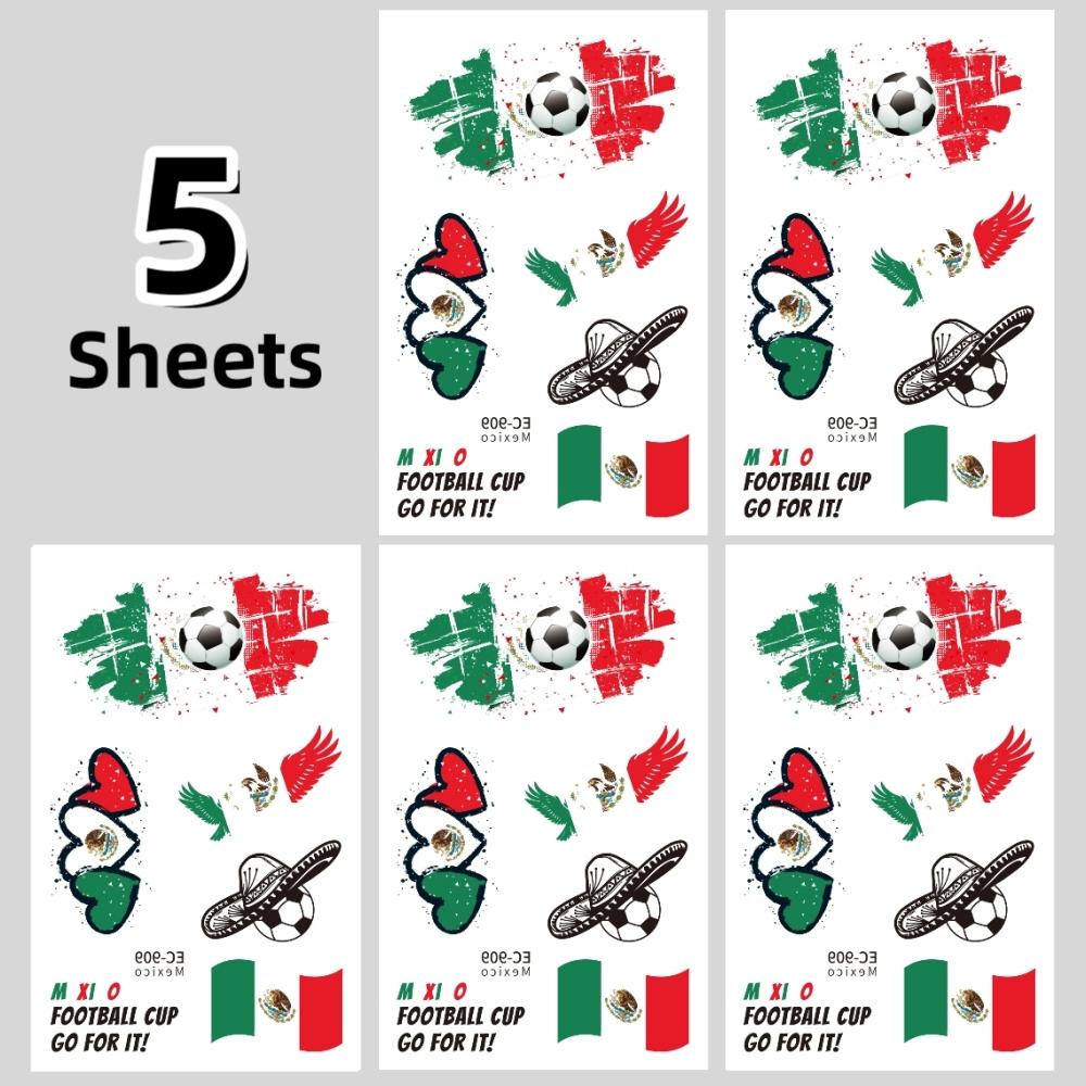 5 PCS Set Mexican Flag Football Temporary Tattoos, Waterproof Fan Face Stickers, Sports Event Party Body Decorations, Facial Arm Use