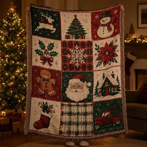 Multi-Functional Tassel Woven Blanket, Holiday Printed Throw – Christmas Patchwork Grid Patterned Bed Blanket, Suitable for Sofa Covers, Home Decor, Furniture Covers, Outdoor Picnics, Camping, Beach Towels