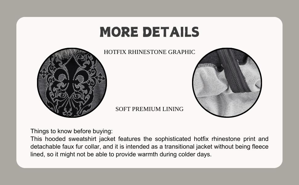 Women's Zip Up Hoodies Graphic Rhinestone Contrast Faux Fur Long Sleeve Sweatshirt Jacket with Pockets