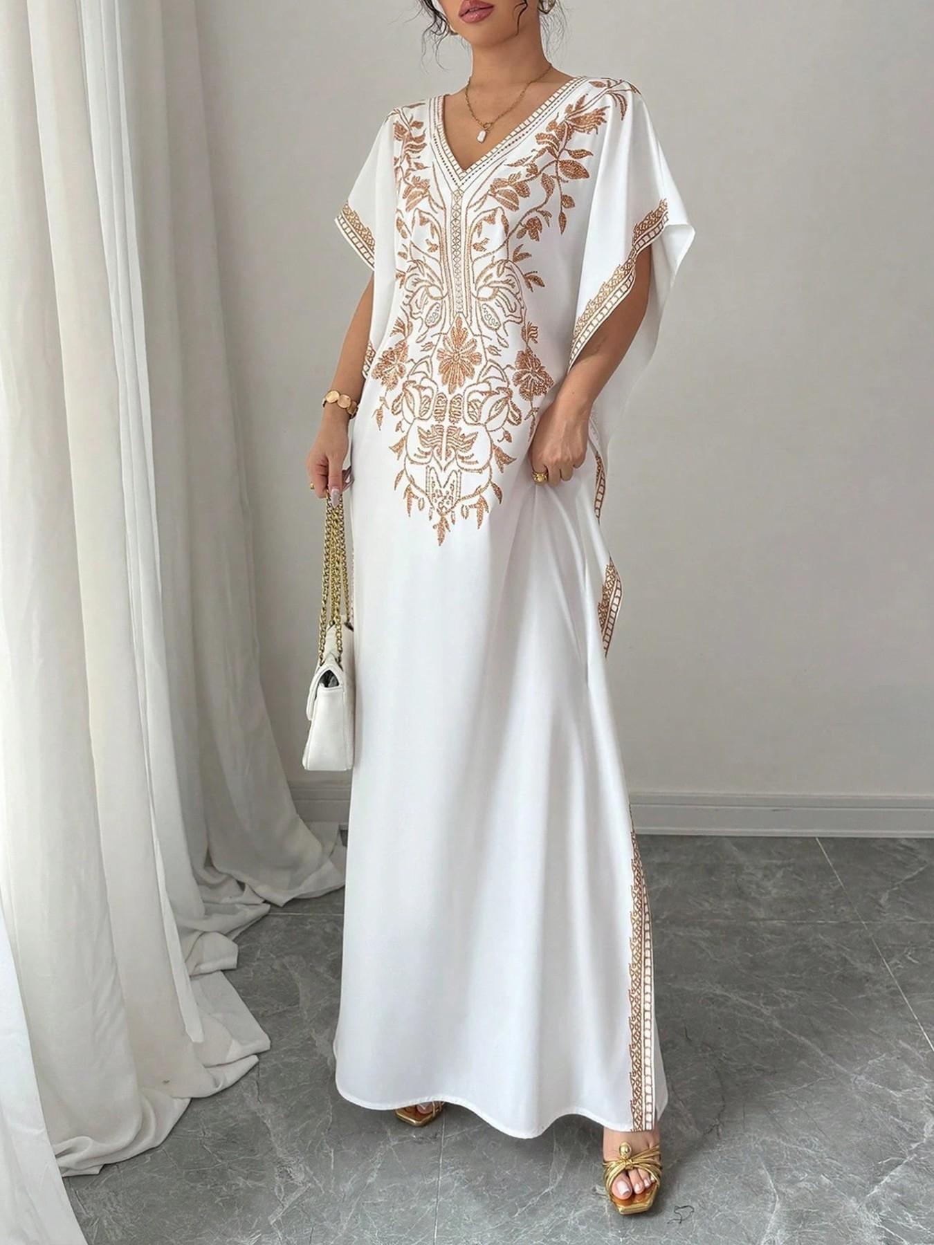 Women's Summer V-Neck Plant Floral Print Dress, Boho Style Three Quarter Sleeves, Long Loose-Fit Beach Sundress Vacation Dress, Casual Daily Wear Womenswear Fashion, Boho Printed Dress