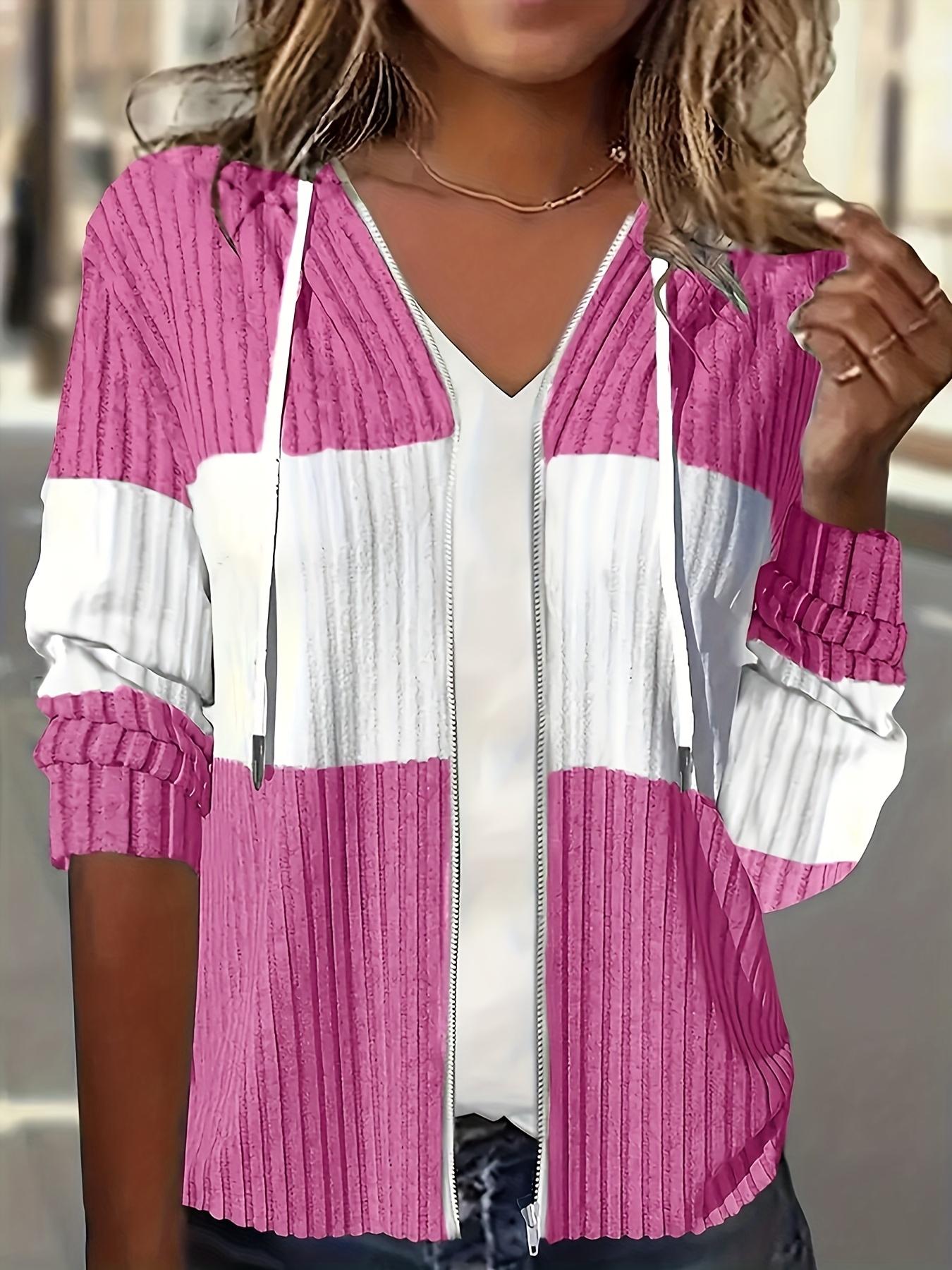 Women's Color Block Adjustable Drawstring Zip-Up Hooded Jacket Fit, Casual Lightweight Outerwear for Everyday Style, Trendy Fashion for Spring & Fall