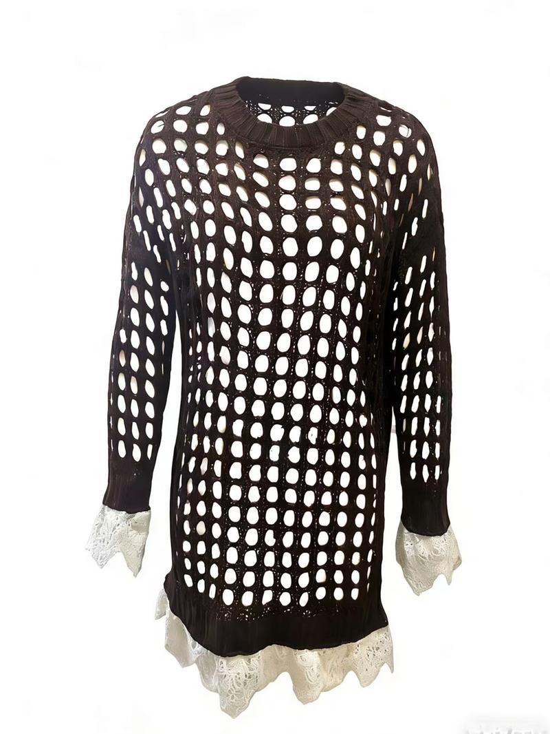 Women's Solid Color Round Neck Hollow Out Long Sleeve Lace Knit Dress Sweater, Casual Fashion, Perfect for Fall & Winter