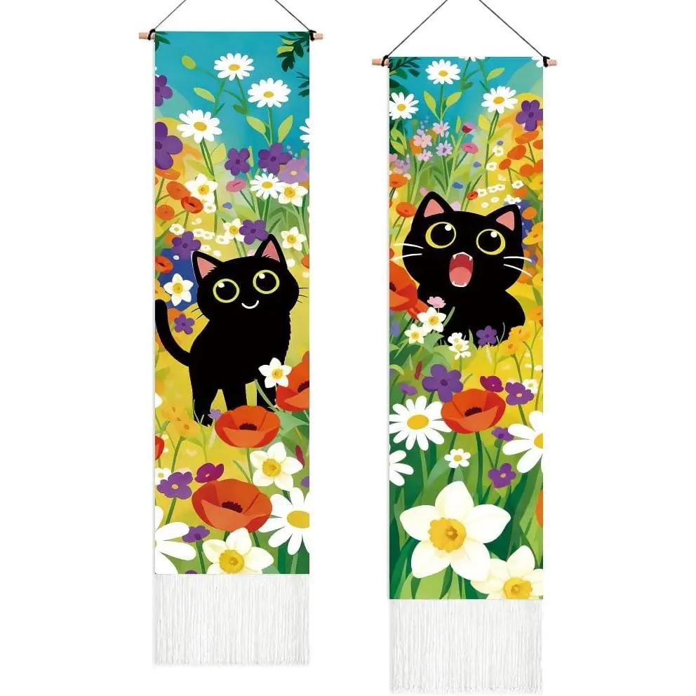 COMBLOOM 2 Pack Long Vertical Wall Tapestry, Boho Nature Landscape & Floral Aesthetic Wall Hanging for Bedroom Living Room Home Decor, Long Narrow Art Tapestry with Sunrise Mountain Botanical Designs, 13" * 51" Cats and Flowers