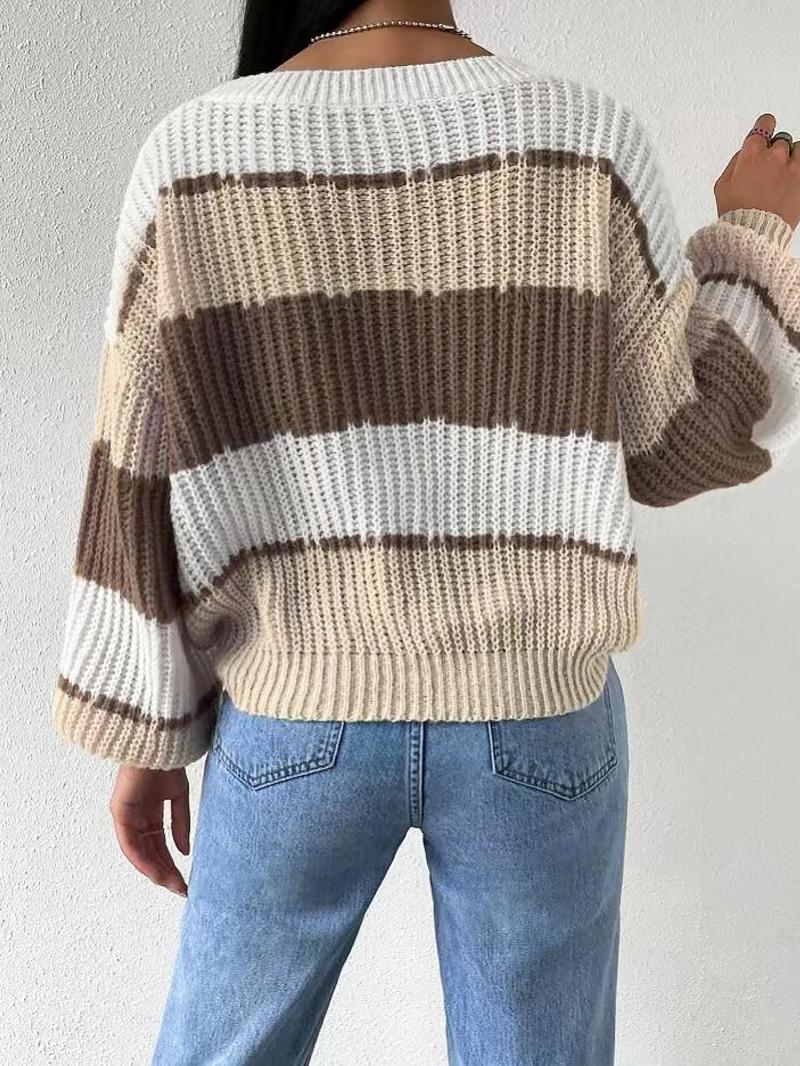 Women's Colorblock Bishop Sleeve Round Neck Sweater Without Necklace, Casual Long Sleeve Jumper for Fall & Winter, Women's Knitwear for Daily Wear