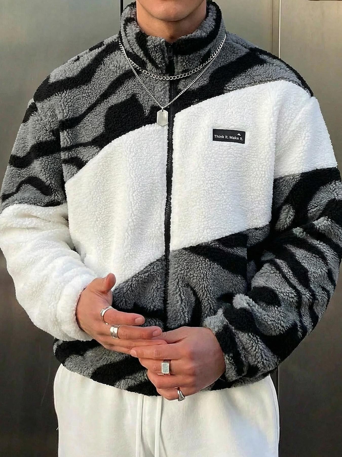 Unisex design, trendy couple's outfit, Y2K style with English patterns and street-style zebra print color-blocked fleece-lined Long Sleeves jacket for autumn and winter. Suitable for streetwear, Y2K fashion, high-street culture,ideal as a gift for men