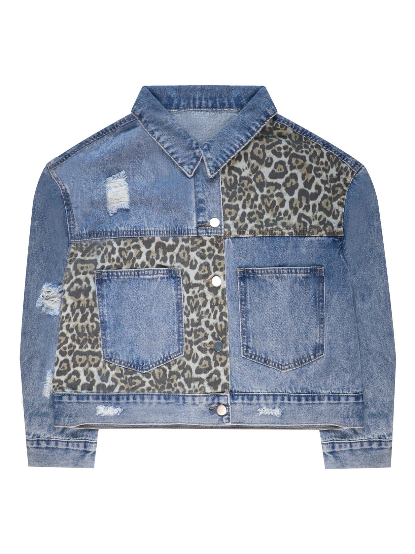 Y2K Leopard Print Denim Jacket, Loose-Fitting Baggy Long Sleeve Casual Fashionable Jacket, Roll Collar Button Closure, Casual Everyday Spring & Fall Fashion