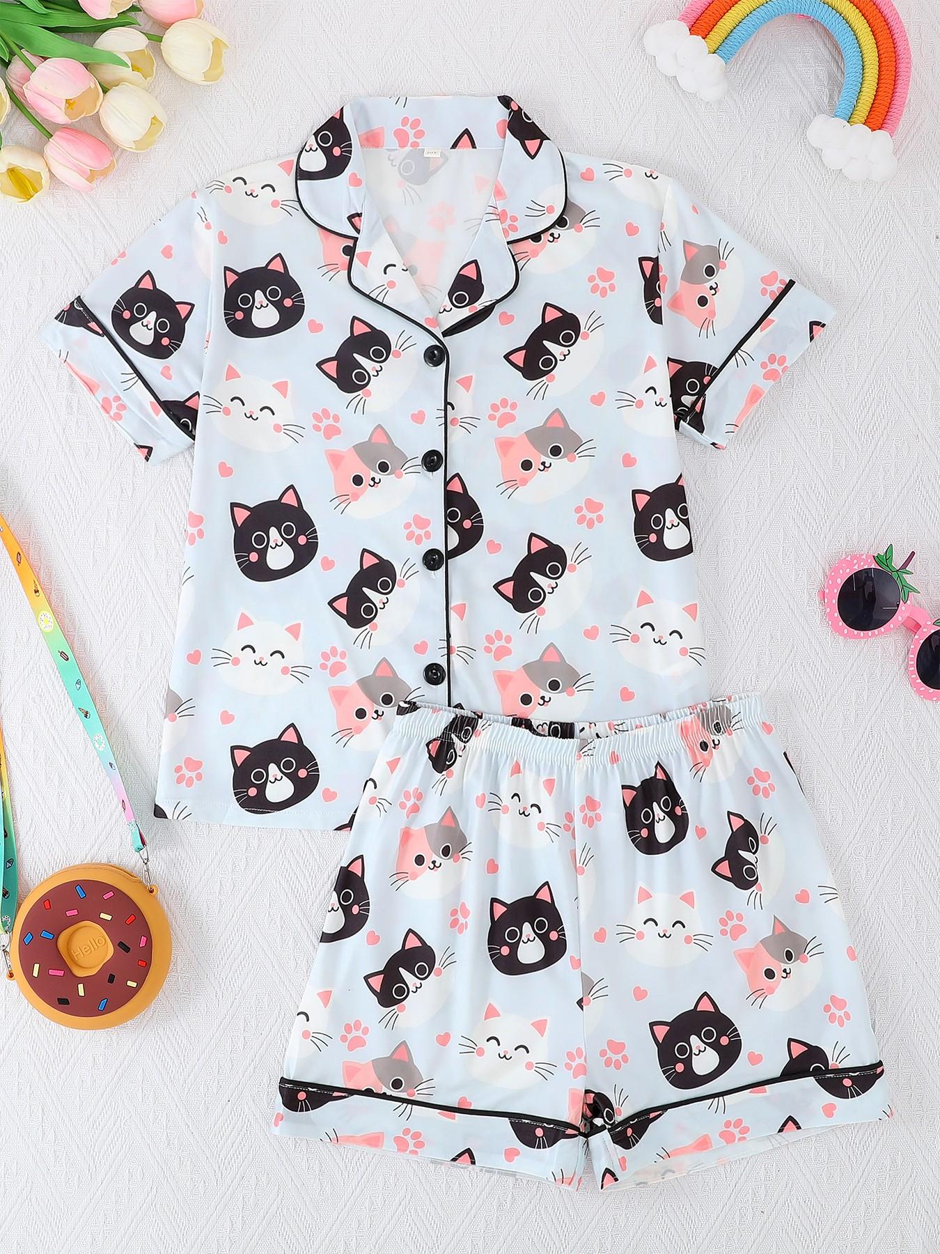 2-Piece Kids Pajama Set, Cartoon Cat Footprint Pattern, Fashion Open-Cardigan Short Sleeve, Flame-Retardant Knit, All Seasons, Party Gift