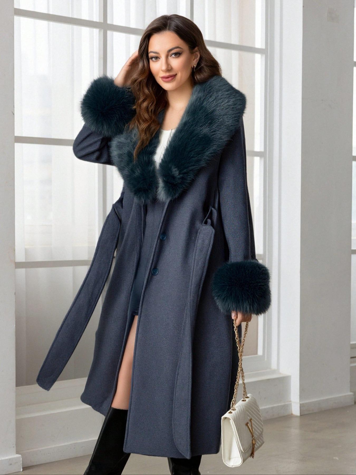 Women's Fall Winter Mid-Length Solid Color Coat, Warm Fitted Coat with Fur Collar, Waist Belt & Pockets, Casual Style, Jackets