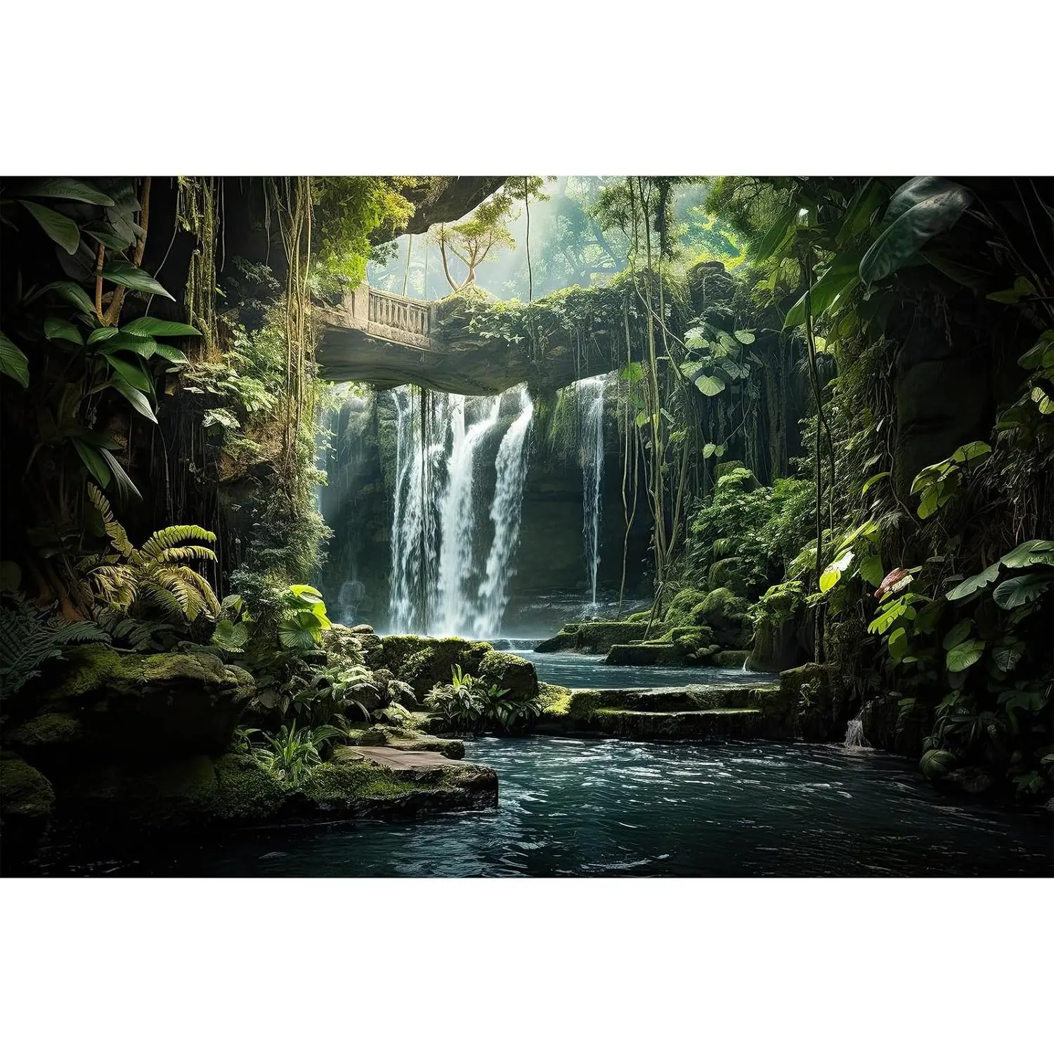 Waterfall Aquarium Background Nature Tropical Plants Tranquil Stream Fish Tank Backdrop Rainforest Lush Green Trees Stone Bridge Reptile Terrarium Enclosure Wallpaper 36x18in
