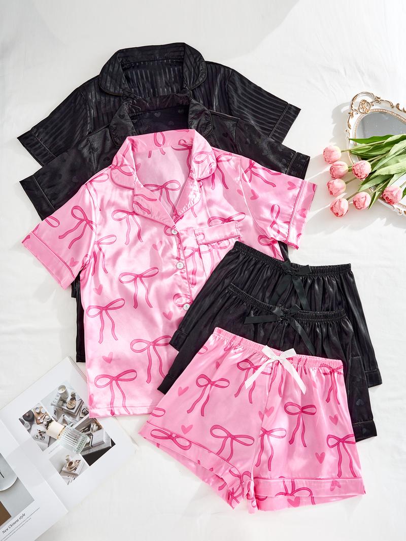 6 Piece Set Women's Pajama Sets Pajamas Clam Lounge Wear for Prom Wedding Outfits Basic Womenswear Short Sleeve Sleepwear with Elastic Waist Shorts Pyjamas Homewear valentine pajama set