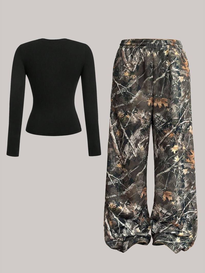 Women's Plain  Top & Camo Print Wide Leg Pants Two-piece Set, Casual Fashion Cozy Round Neck Long Sleeve Top & Trousers for Daily Outdoor Wear, Ladies Clothes for All Seasons