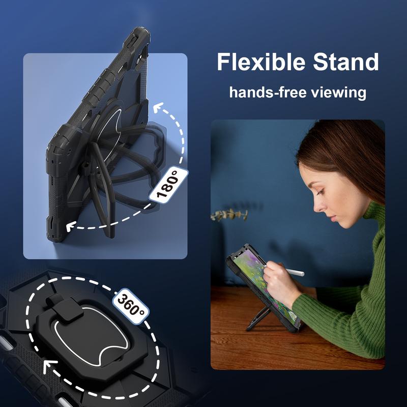 Military-Grade Shockproof Case for iPad Pro (M5) 2025 , Compatible with iPad (A16) 11th/10th / iPad Air / iPad Mini - Rotating Stand with  Pencil Holder & Shoulder Strap - Heavy Duty Drop-Proof Cover for Kids/Adults - Black