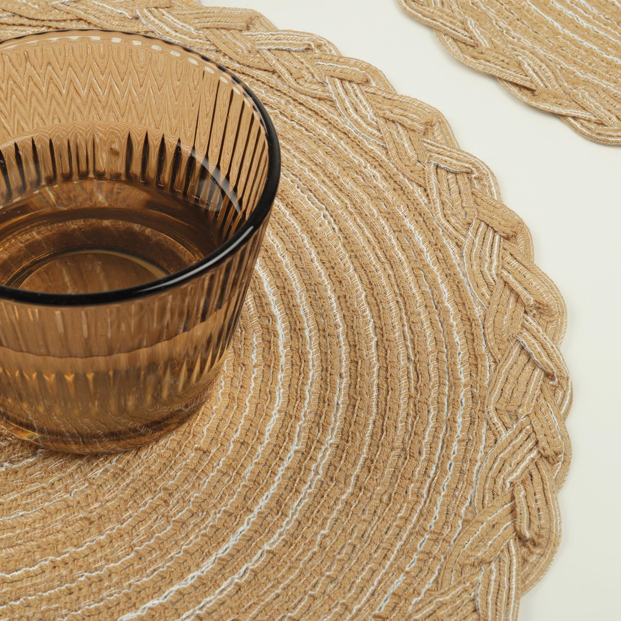 15 inch/38cm Round Placemats Set of 4 Boho Woven Braided Border Table Mats Washable Heat Resistant Circle Place Mats, Natural Style Woven Cotton Placemats for Dining Table  Party Holiday Banquets