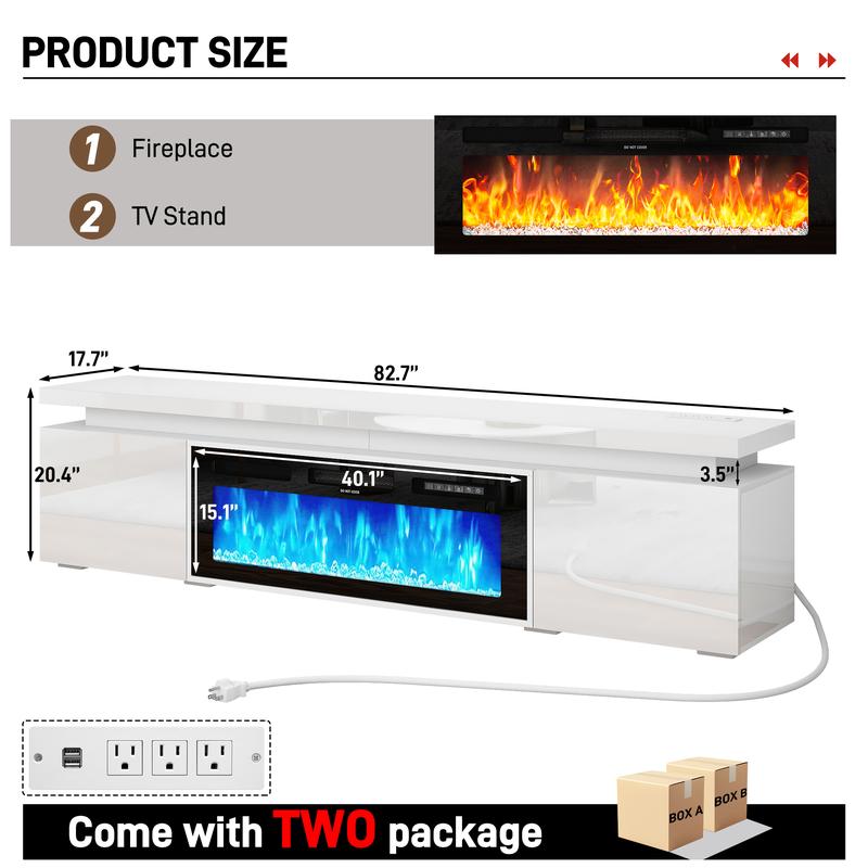 Fireplace TV Stand/LED TV Stand for 70/75/80/85/90/95 inch TV , TV Stand with 40" Electric Fireplace & Power Outlet, High Gloss Surface, 2 Storage Cabinet, Modern Style for Living Room (83 Inch/71 Inch, White/Black) Fireplace TV Stand/LED TV Stand for 70/75/80/85/90/95 inch TV , TV Stand with 40" Electric Fireplace & Power Outlet, High Gloss Surface, 2 Storage Cabinet, Modern Style for Living Room (83 Inch/71 Inch, White/Black)