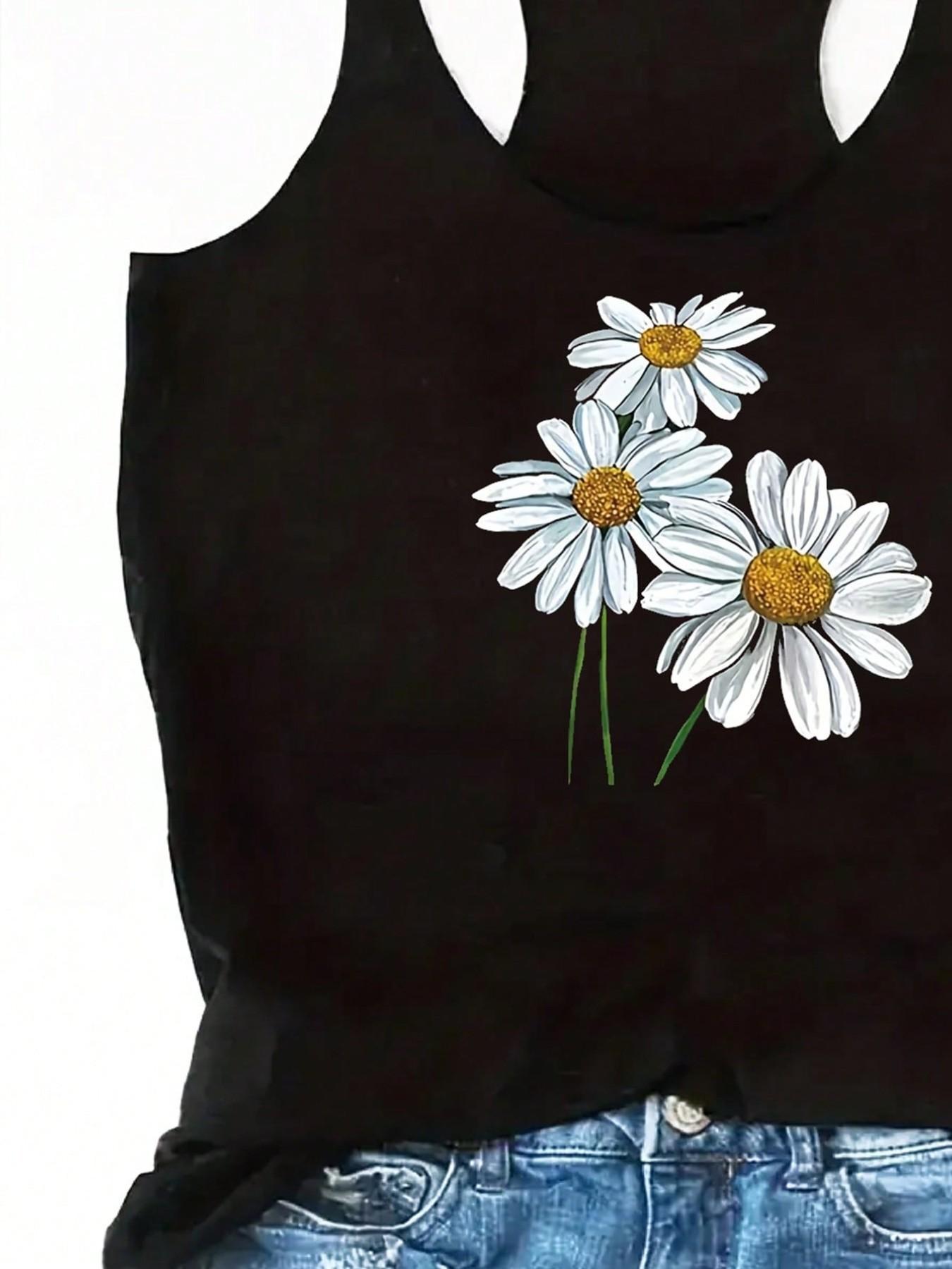 Women's Daisy Print Round Neck Sleeveless Top, Casual Fitted Tank Top, Letter Pattern, No Button, Non-Full Placket, Without Zipper