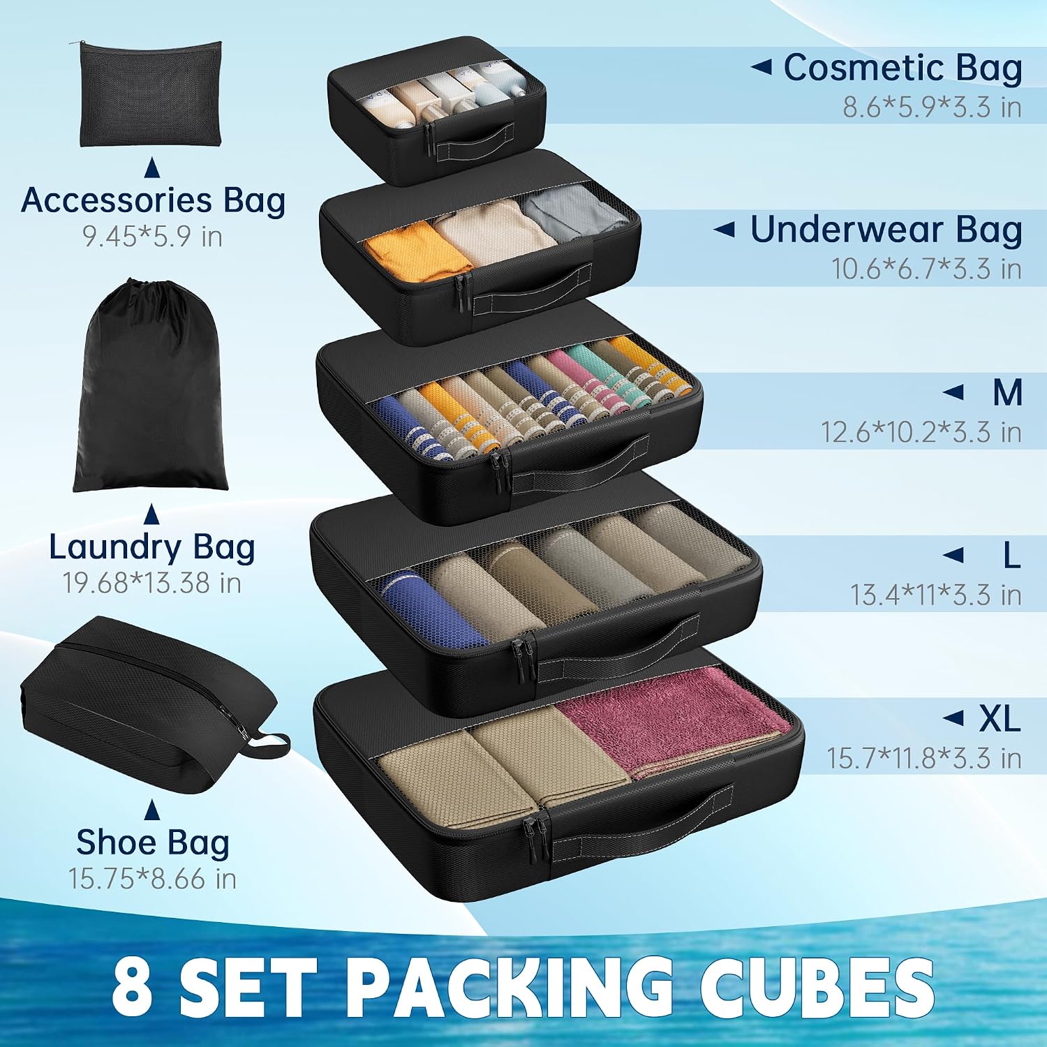 Synthetic Lightweight Multi-Size Travel Packing Cubes Set (8-Piece) - Home Organizer Storage Bags for Luggage Accessories