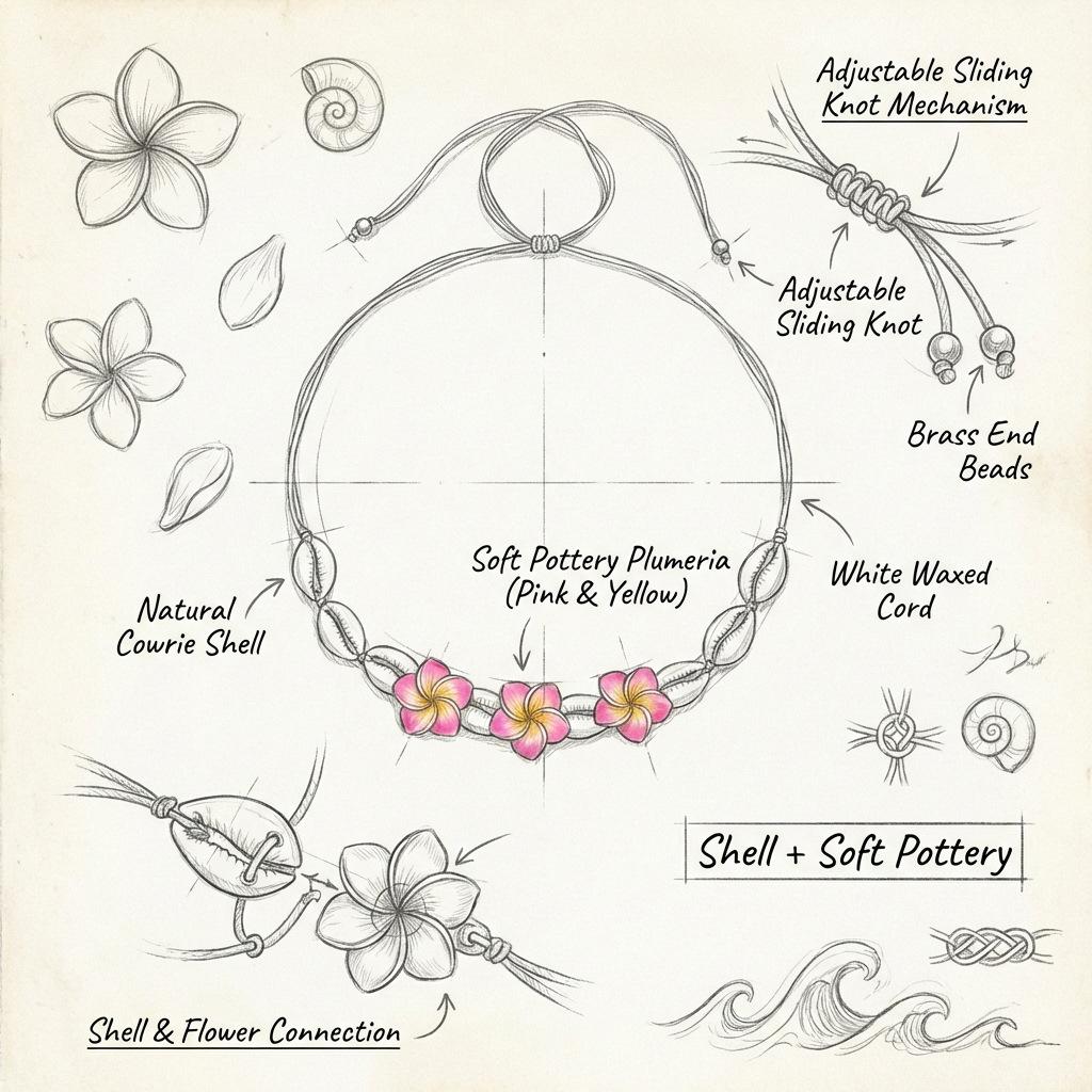 Boho Beach Necklace for Women Handmade Shell and Hibiscus Flower Pendant Summer Vacation Jewelry Tropical Resort Accessory Lightweight Bohemian Style Necklace