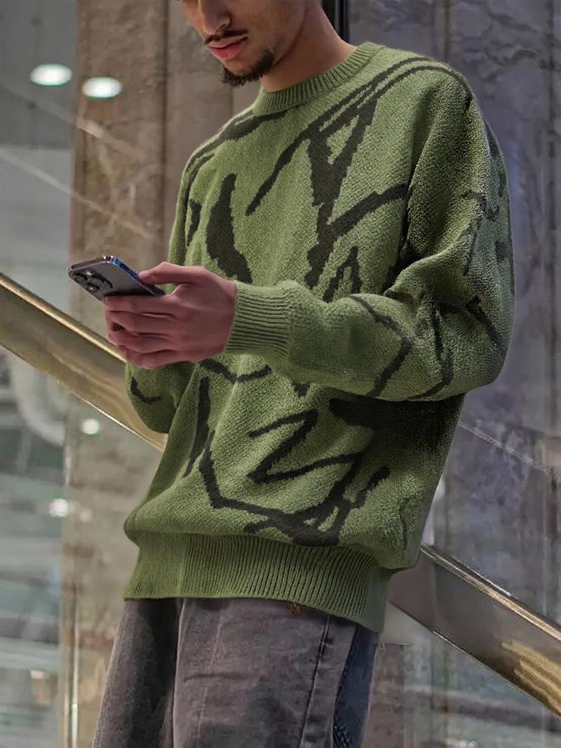 Men's Geometric Print Drop-Shoulder Sweater Pullover, Casual Street Comfy Long Sleeve Round Neck Jumper for Fall & Winter, Men's Knitwear for Daily Wear