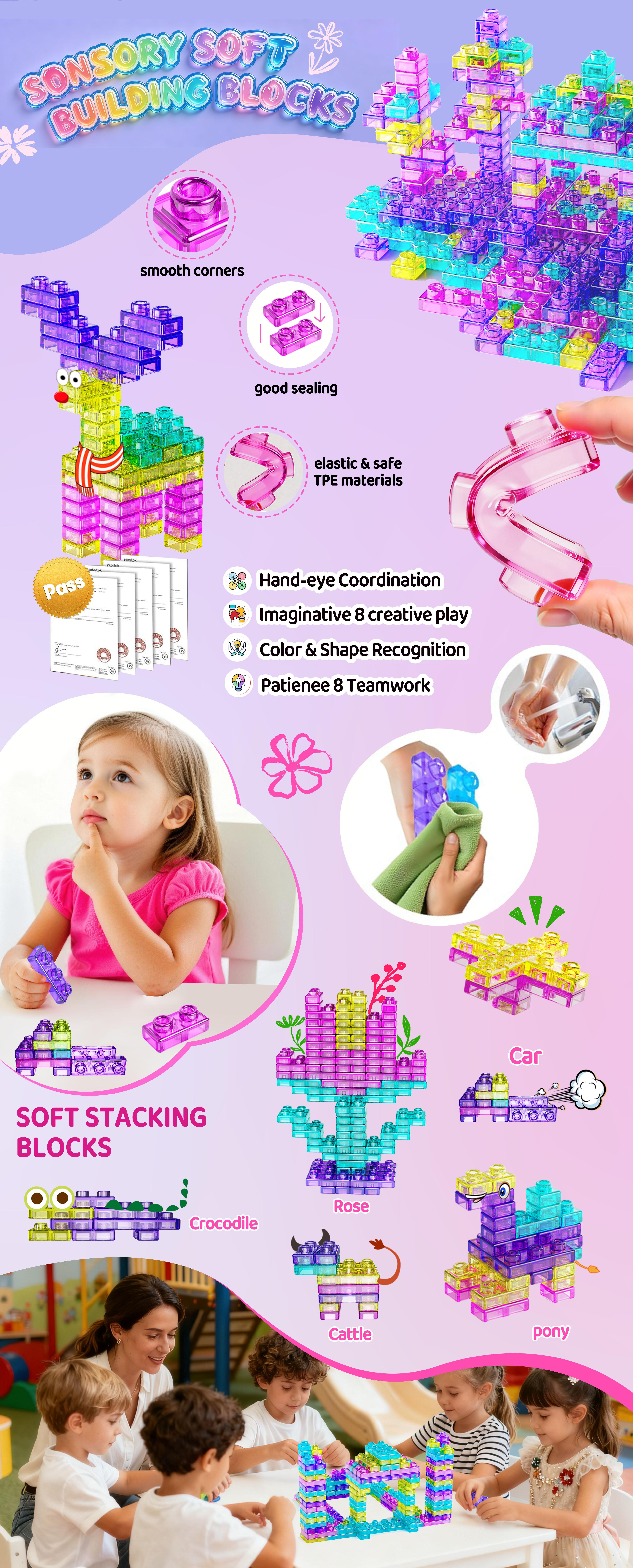 Jelly Blocks Building Set, 40PCS Squishy Sensory Stacking Blocks, Soft Stretchy Squeeze Toy for Kids Ages 2+, Non-Toxic Tactile Learning Toy for Toddlers, Creative STEM Gift Idea