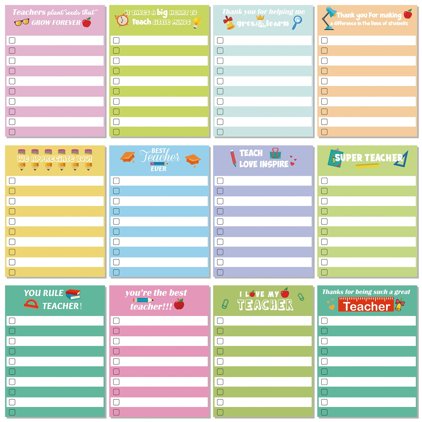 Christmas Gift Teacher's Day Themed Sticky Note Set 24/ 12 Pcs Teacher Appreciation Sticky Notes Teacher Appreciation Note Pads Thank You Teacher Memo Pads for Back To School Office Supplies Students Teachers Graduation Gift