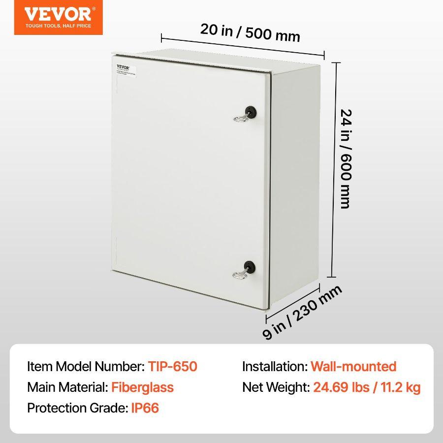 fathersdaygift VEVOR NEMA Steel Case, 24x20x9'' NEMA 4X Fiberglass Electric Enclosure, IP66 Water Dust Resistant, Suitable for Both Outdoor Indoor Use, Includes Mounting Plate (60x50x23 cm)