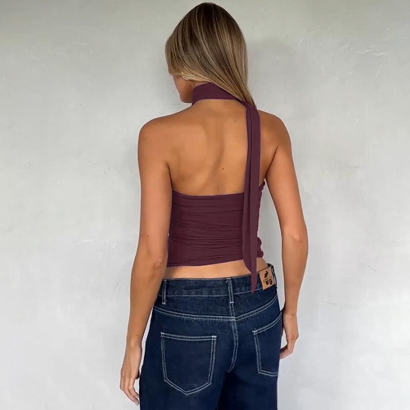 Adjustable Neck Tie Strapless Crop Top with Ruched Side Women's 2025 Fall New Slim Fit Solid Color Essential for Holiday Beach Party & Night Dating Outfits Ladies Casual Sleeveless Short Tank Vest