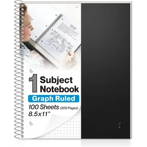 Graph Paper Notebook 8.5 x 11 (Black) Plastic Cover, 100 Sheets (200 Pages), 4x4 Squares, 1 Subject Graph Paper Spiral Notebook, 1/4" Grid, Pocket Divider, Easy -Off, 3-Hole Punched
