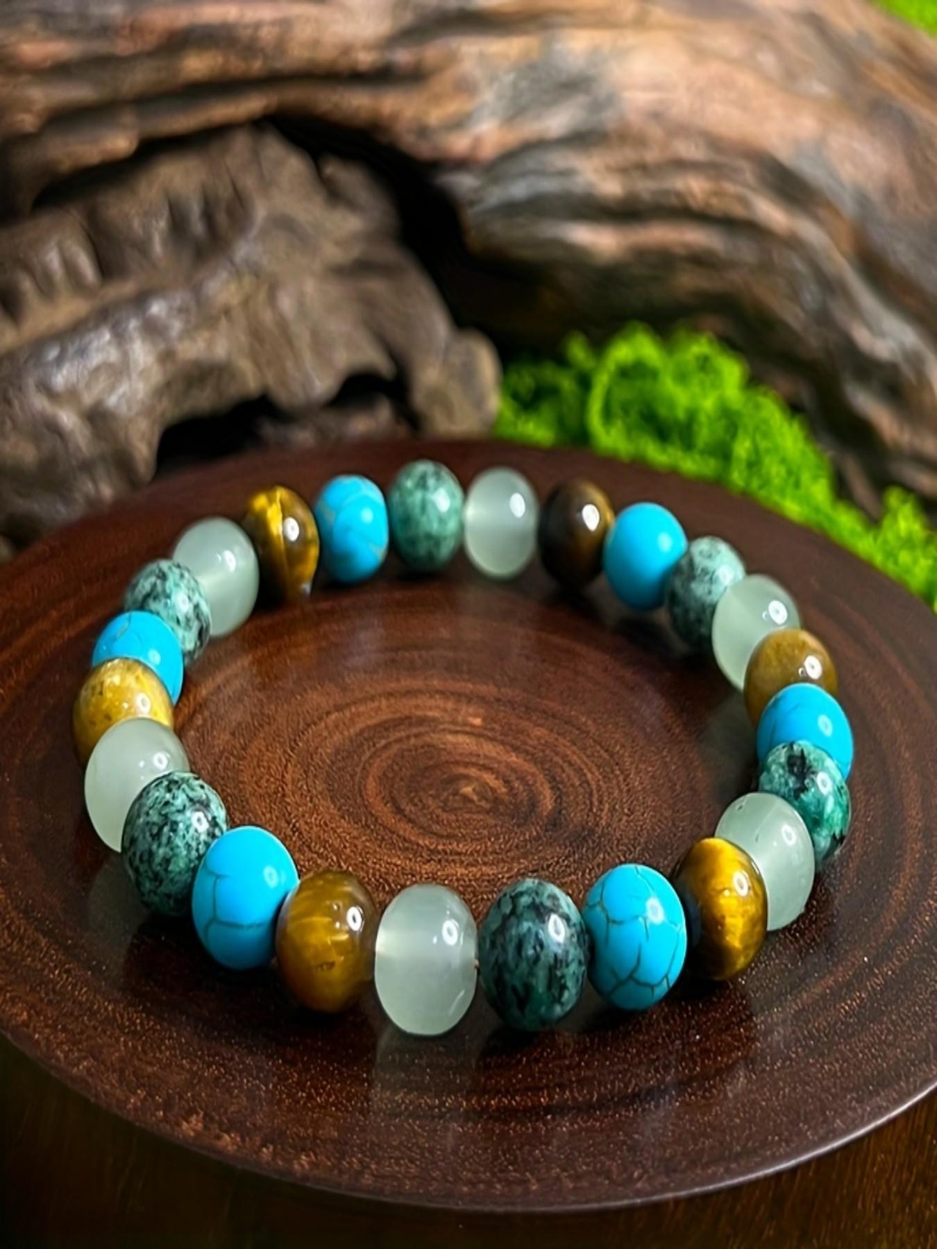 1pc Tiger's Eye Stone, Granite, Amethyst, Lapis Lazuli, Green Pine Stone,Anxiety Bracelet Tiger Eye Stone, African Turquoise Bracelet,Fashionable Commuter Bracelet, Versatile For Daily Wear,Jewelry for Men and Women, Perfect Gift