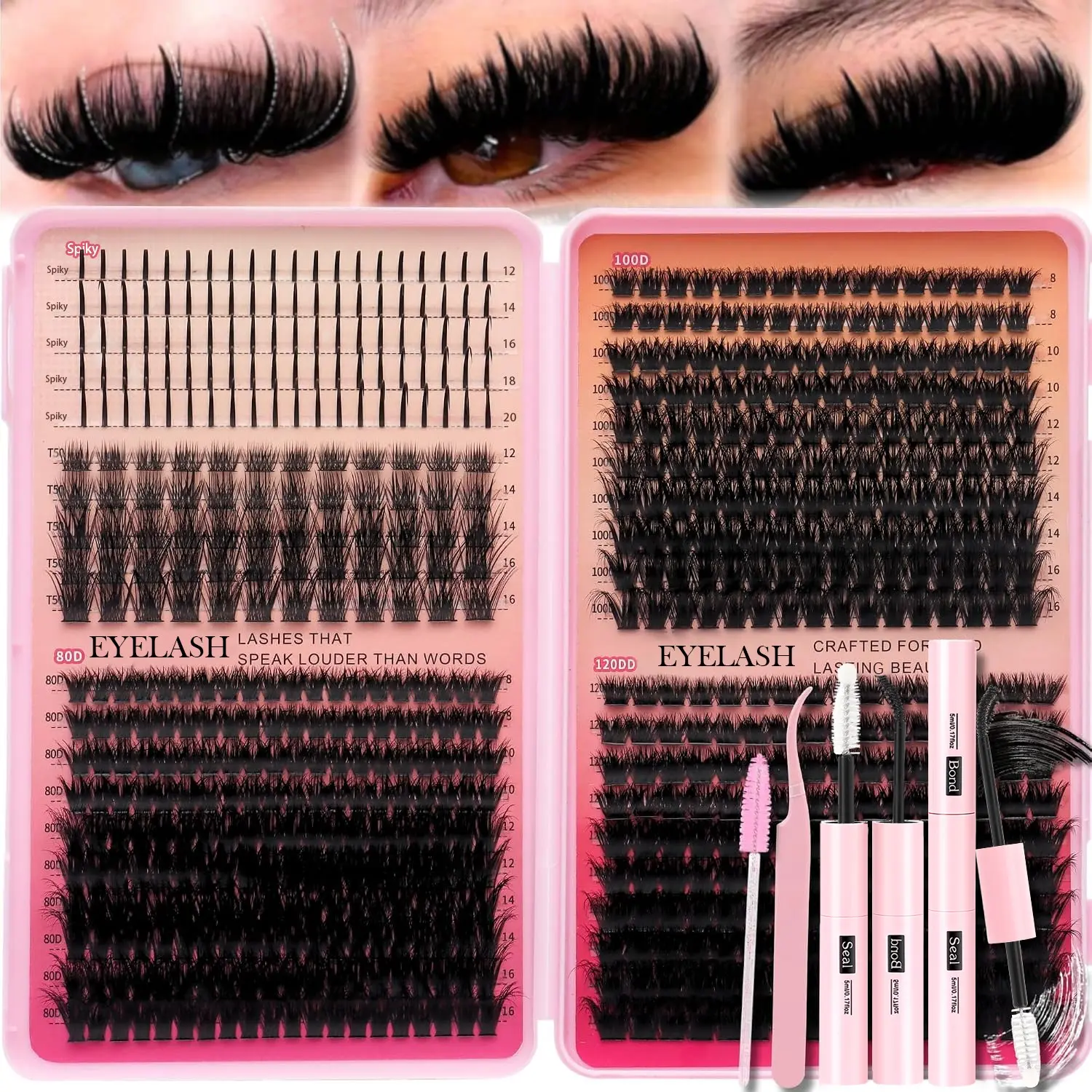 Pupilpop DIY Lash Clusters Kit Natural Fluffy Manga Spiky Lashes 80D 100D 120D Volume False Eyelashes Lash Extensions At Home Salon Look Ultra Thin Band 8-20mm with Bond & Seal Waterproof Long Lasting Non Irritating Tweezers Brush Beginner Friendly