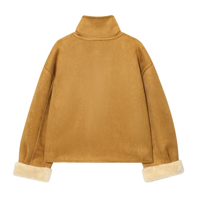 Women's Two-Sided Jacket Camel Wool & Cream Faux Fur, Stand Collar with Pockets, Vintage Winter Layered Fashion Coat Outerwear