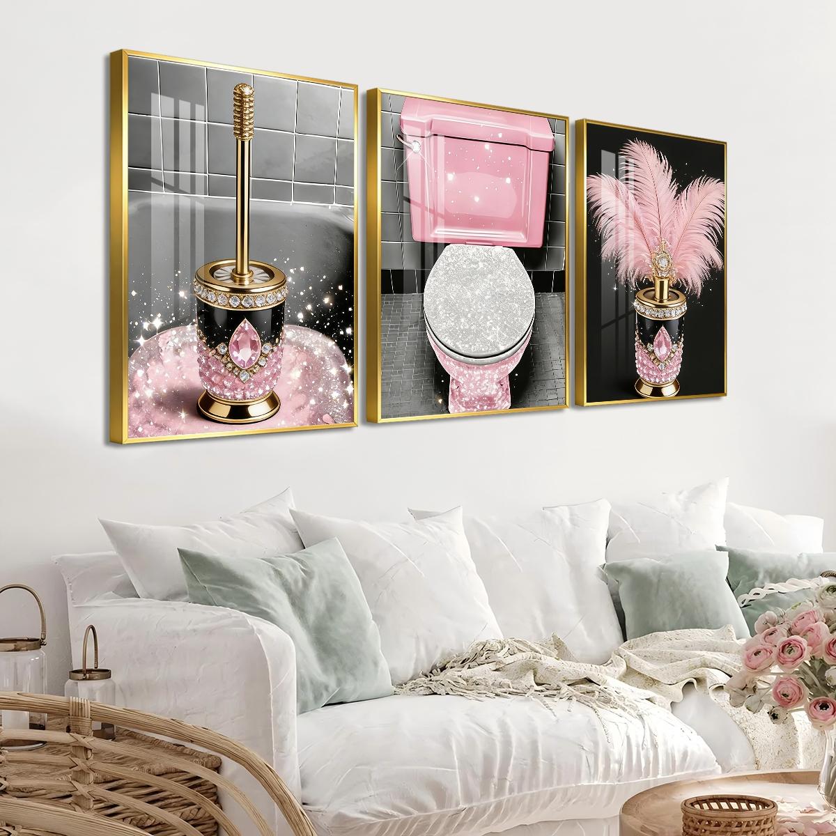 3 Counts Aluminum Alloy Framed Painting, Luxury Pink Diamond Feather Toilet Brush Set Pictures, Home Decoration For Living Room, Bedroom, Office, Restaurant, Hallway Wall Decor, Odorless Print Artwork, Luxury Perfect Gift For Friends And Family