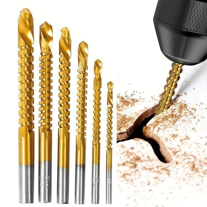 6 Piece Titanium Coated High Speed Steel Drill Bit Set, Step Drill Bits, Metal Processing & Wood Drilling, Sharp Teeth Design, Rust Proof Coating, Electric Tool Accessories, Cutting