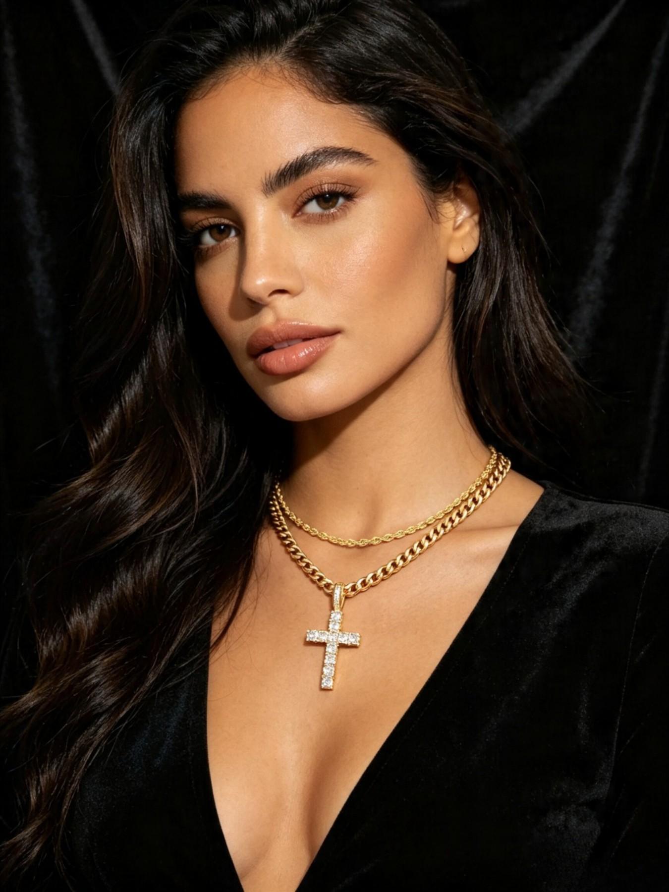 3pc Luxury Ice Zircon Cross Pendant Set, Faith Pendant Necklace, Cuban Link Design Chain & Braided Rope Necklace, Religious Jewelry Accessories