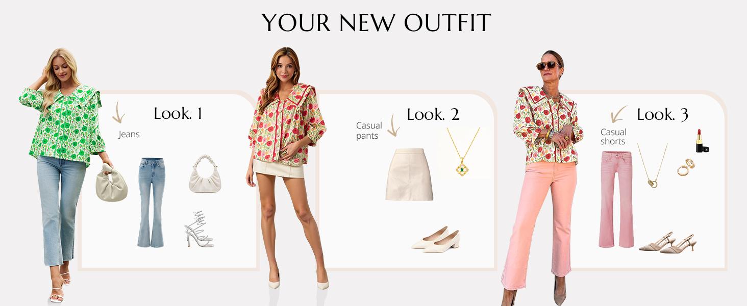 Cicy Bell  Women's Floral Button Down Shirts Trendy Casual 3/4 Lantern Sleeve Blouse Square Neck Collared Tops Lightweight Soft Polyester Elastane