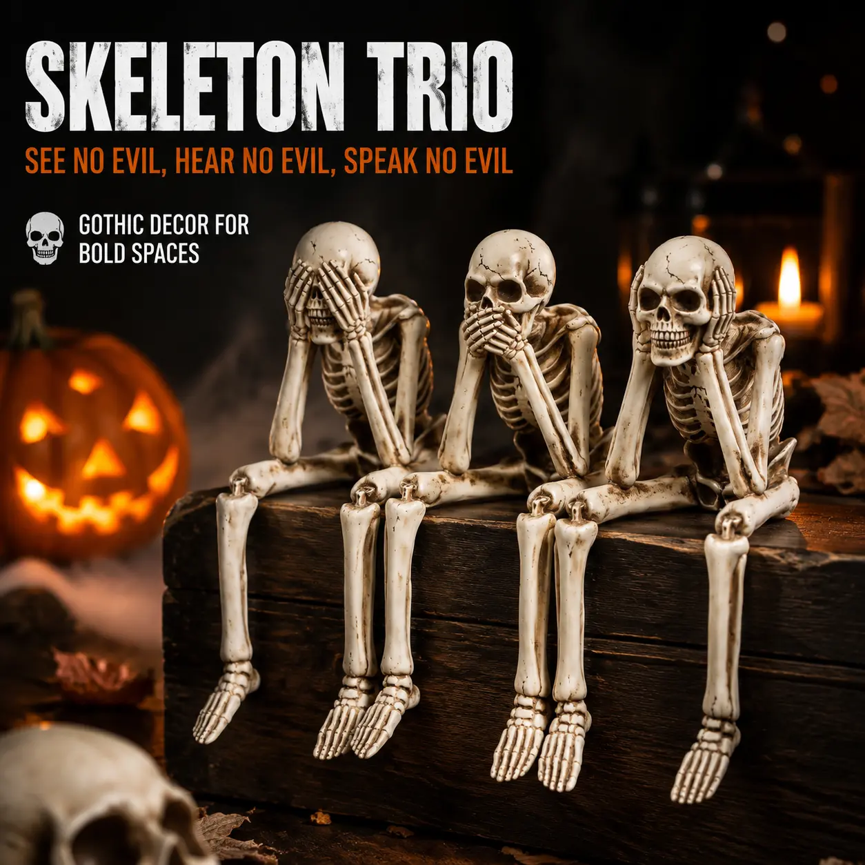 Three Wise Skeleton Statue with Hanging Legs, Gothic Shelf Decor, Funny Halloween Desk Ornament, Spooky Resin Figurine for Room Decoration, Creepy Ghost Decor, Apartment Accessories, Unique Home Decor Gift for Halloween Christmas-YY2
