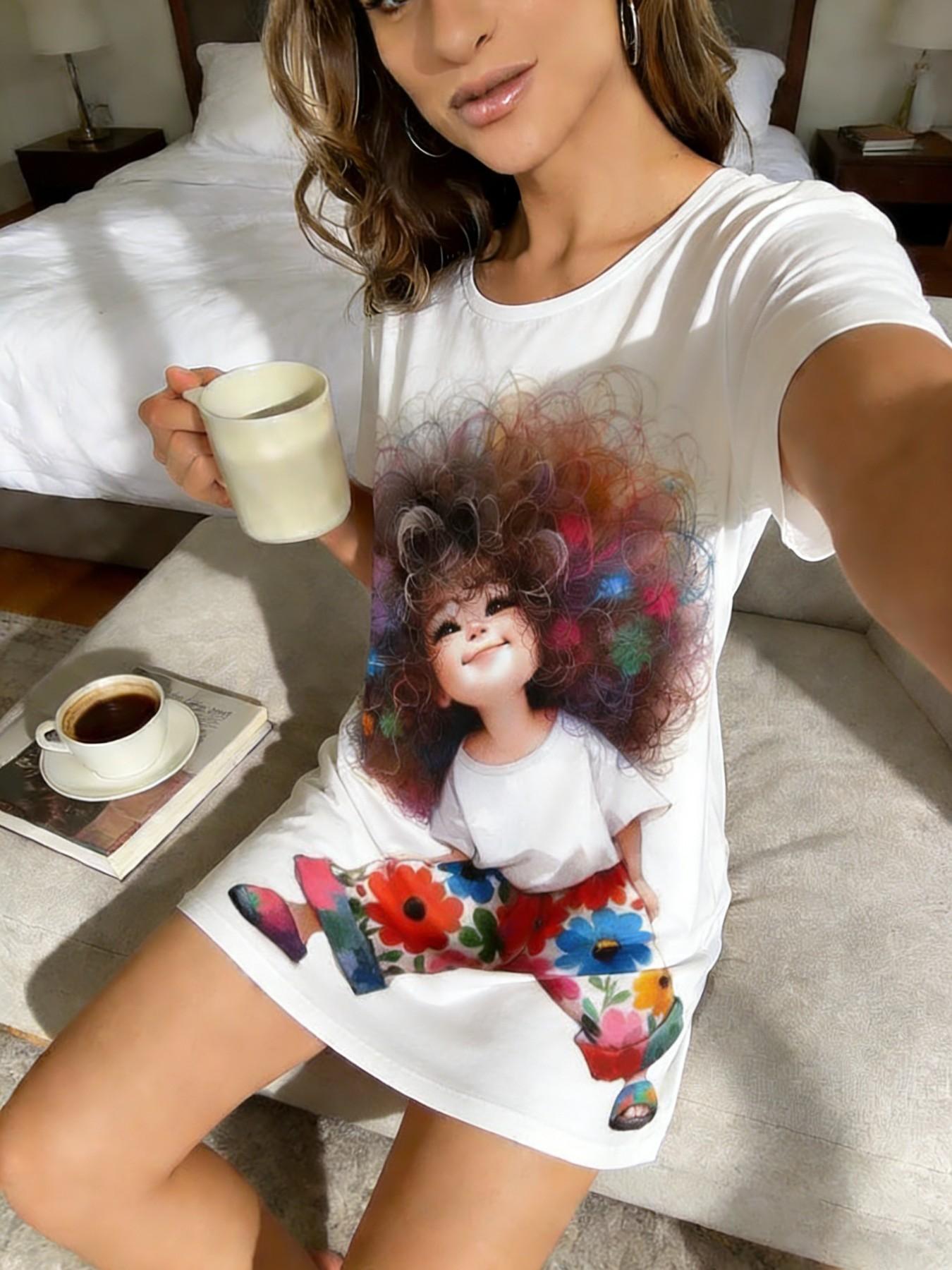 3-Pack Women's Nightdresses, Round Neck Short Sleeve, All-Season Comfortable Breathable, Casual Home Wear Loungewear, Large Cartoon Print, Nightwear, Summer Sleepwear