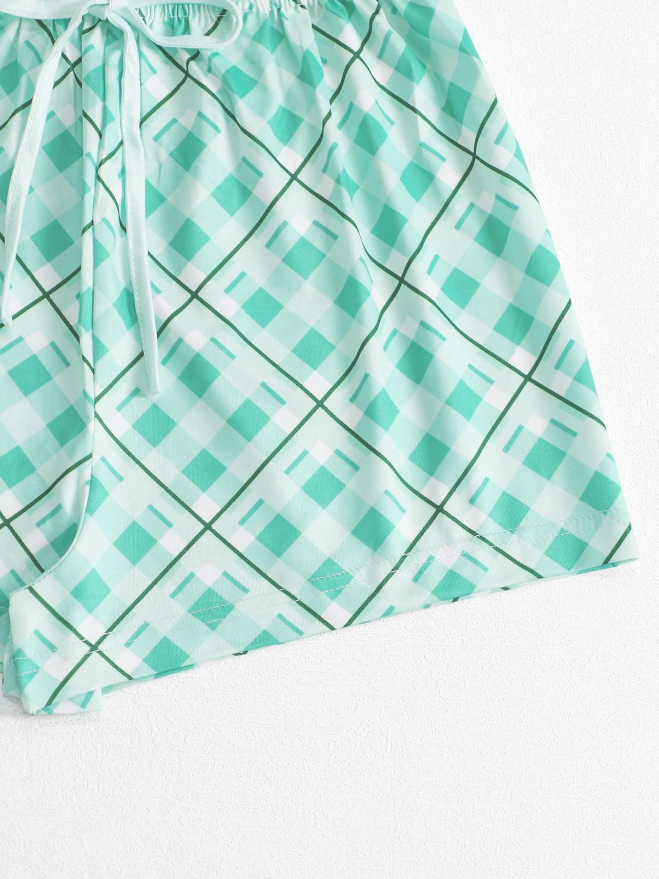 Women's Summer Sleepwear Set, Strapless V-Neck Letter Print Plaid Shorts, Elegant Comfortable, Casual Home Wear