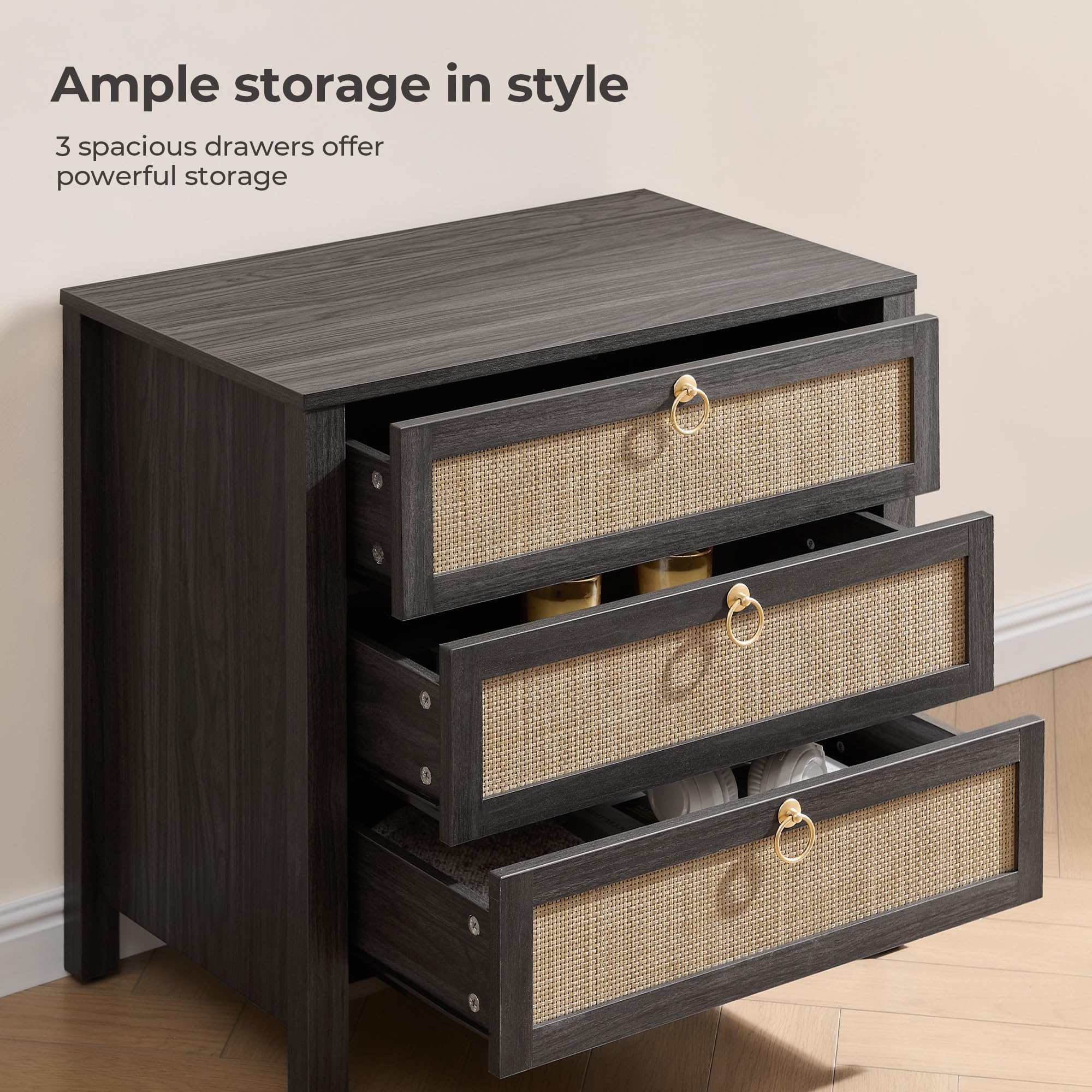 SICOTAS White Night Stand with Drawers - 15.55"D x 26.78"W x 25.67"H Rattan Bedside Table with Golden Handle, 3 Drawers Nightstand Side Table Boho Nightstand for Bedroom, Perfect for Any Bedroom, Durable and Stable