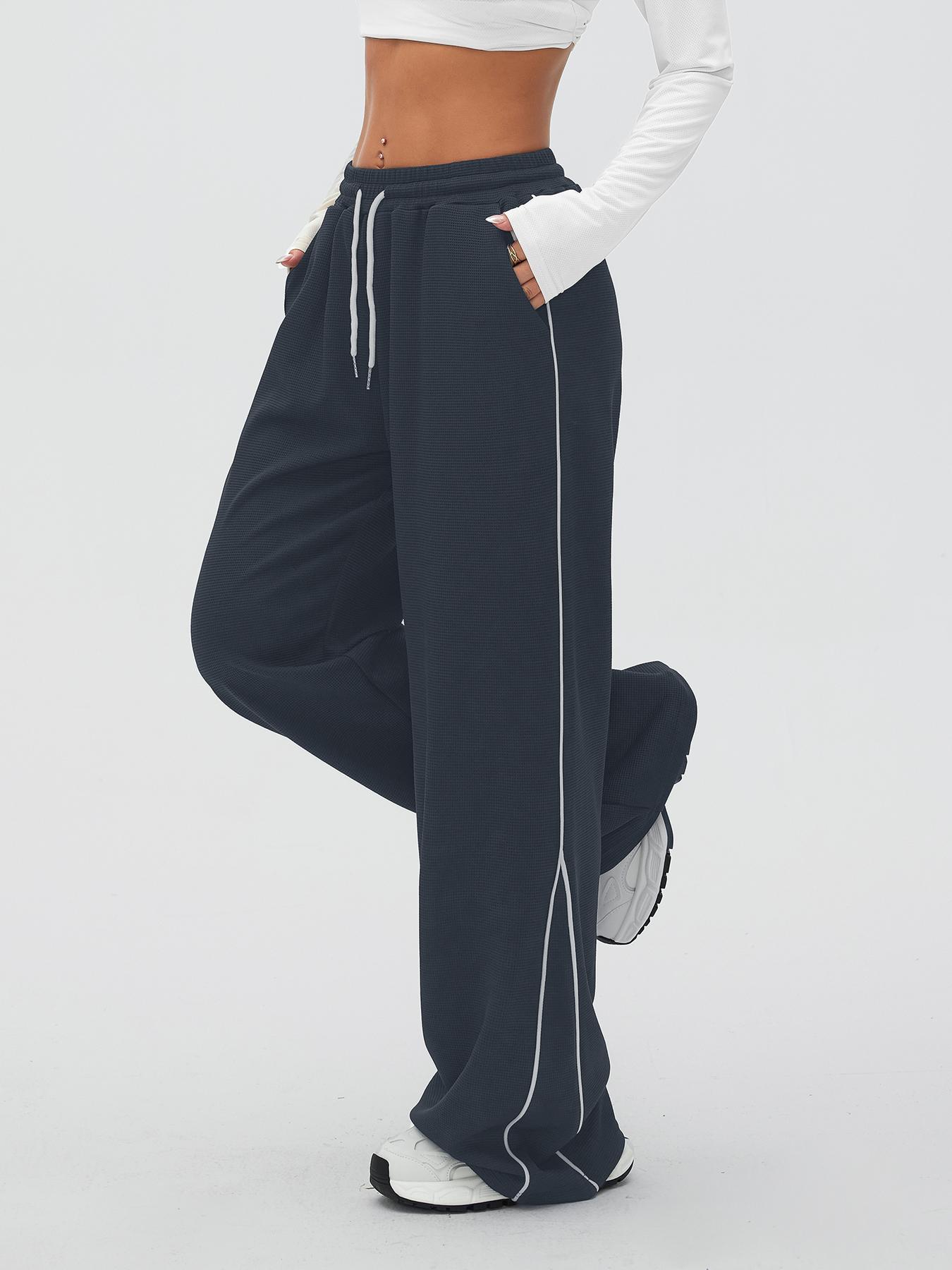 Women's Waffle Knit Pants, Loose-Fit Straight-Leg Side Color Block Pocket Detail Pants for Outdoor & Gym