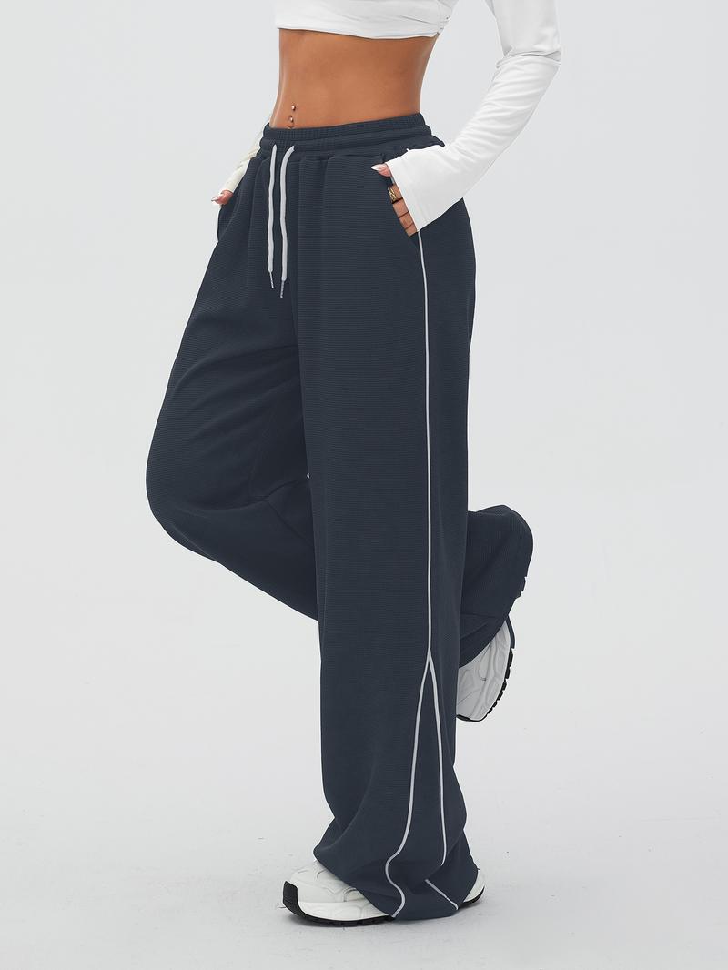 Women's Waffle Knit Jogger Pants, Loose Fit Straight Leg with Side Color Block Design, Pocket Detail, Outdoor & Gym Wear
