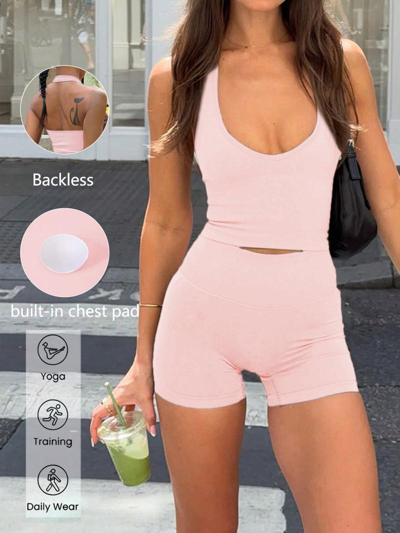 Sexy U-Neck Backless Halter Top Shorts Set, Elastic Comfortable Casual Wear, Perfect for Gym Yoga Running Daily