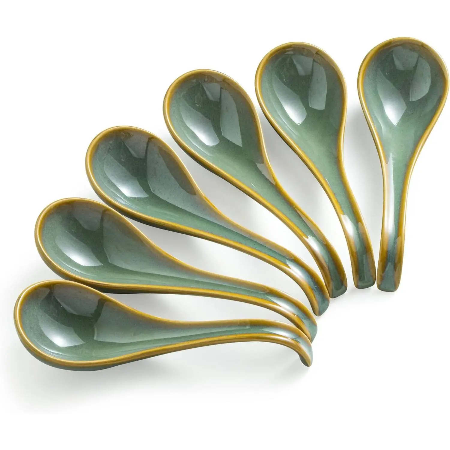 Asian Soup Spoons Set of 6, 6.5in Ceramic Ramen Spoons, Blue-Green | Deep Oval Design, Ergonomic Curved Handle, Stackable | Rustic Japanese Style, Daily Dining, Cereal Pho Broth Dumpling Spoons