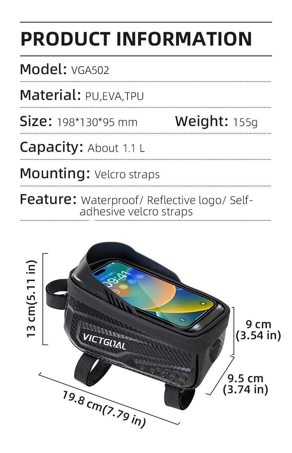 Bicycle Top Tube Frame Bag, Waterproof Bike Phone Holder 6.8″ Touchscreen Phone Storage Bag, Large Capacity Cycling Accessories for MTB Road Bike