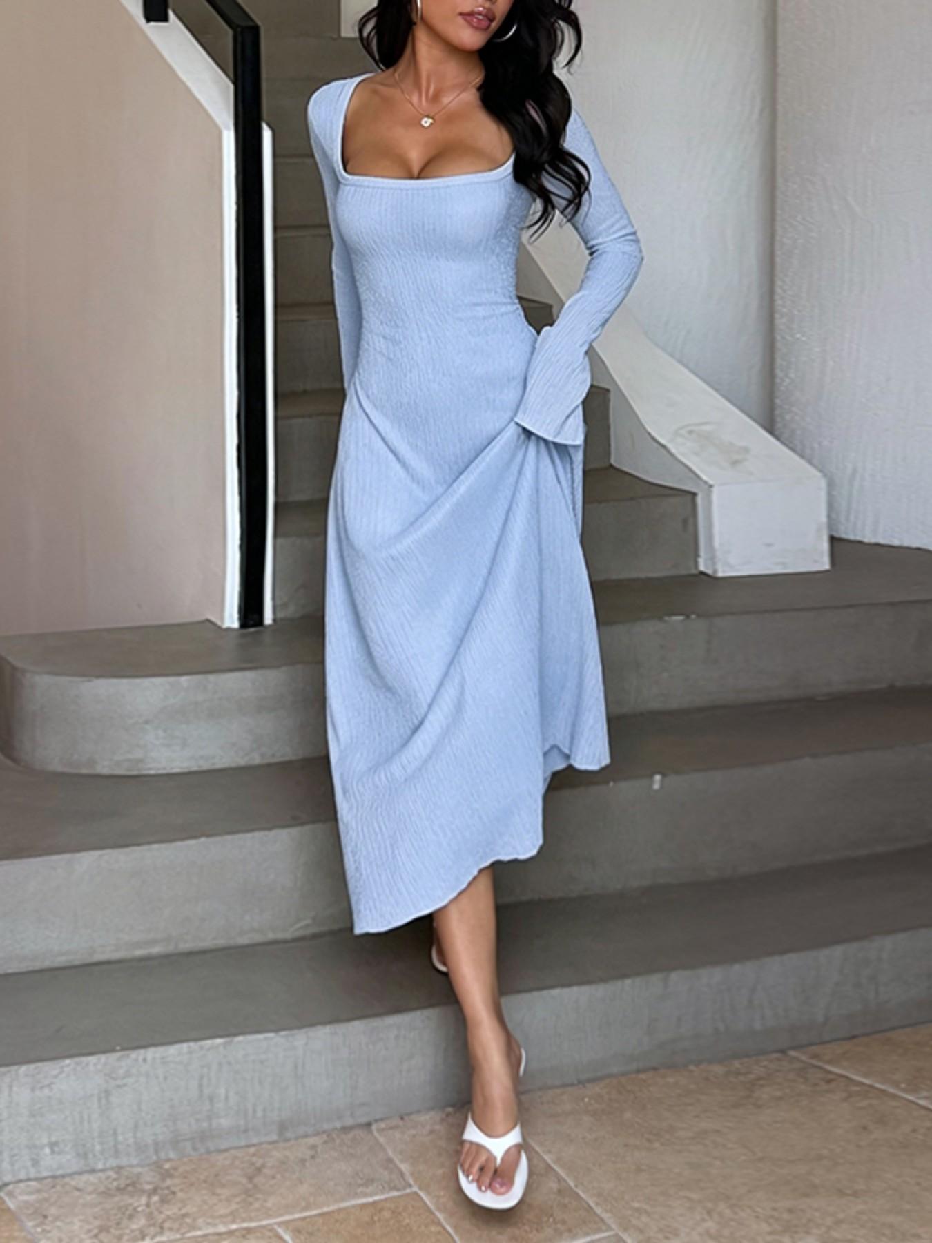 Women's Plain Lace Up Tie Back Flounce Sleeve Dress, 1 Count Elegant Square Neck Long Sleeve A Line Dress for Formal Party Holiday Wedding Guest, Ladies Spring&Fall Clothes