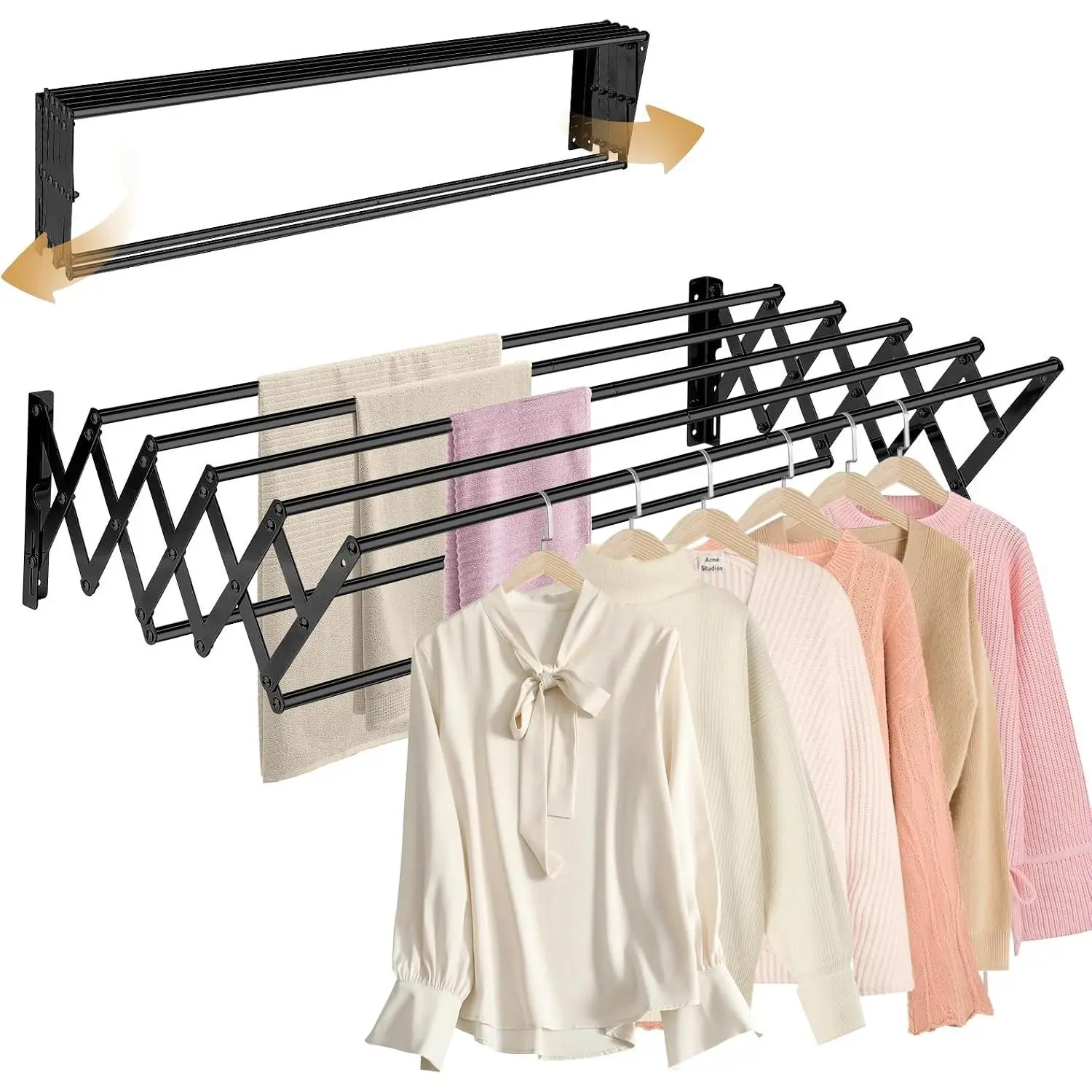 XL-31.5'' Wall Mounted Clothes Drying Rack, 130 lbs Large Capacity Rustproof Retractable Collapsible Drying Rack Easy Install with 7 Drying Rods, Space Saving Towel Clothes Rack for Laundry-Black